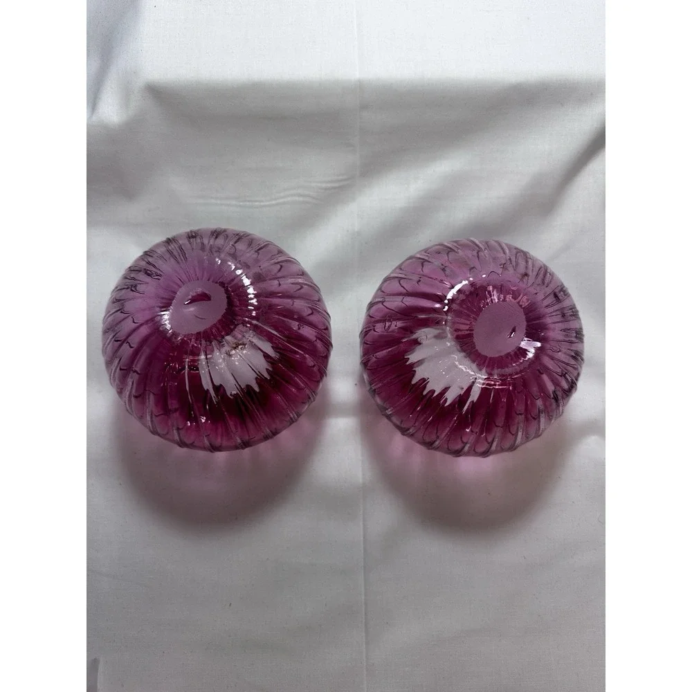 Two Cranberry To Clear Ribbed &‎ Crimped Swirl Rose Bowl Vases Ground Pontil 5